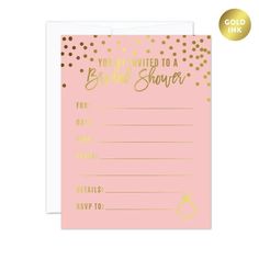 a pink and gold baby shower card with confetti on the front, it's time to be served