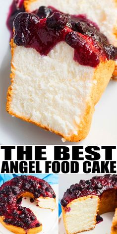 the best angel food cake with blueberry sauce is cut in half and ready to be eaten