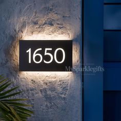 a close up of a light on a wall with a plant in front of it