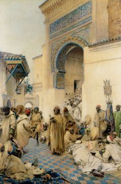 a painting of people sitting on the ground in front of a building with an archway