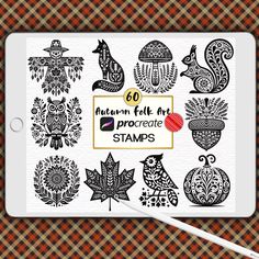 an image of some decorative stamps on a tablet screen with the text go modern folk art procreate stamps