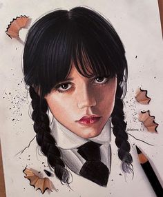 a drawing of a girl with long black hair and braids on her head is shown