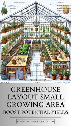 the greenhouse layout is shown with plants growing in pots and on tables, surrounded by potted plants