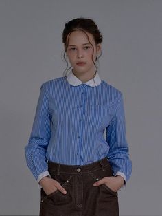 Composition : 76% cotton, 21% nylon, 3% spandex / 100% cotton (coloring)Country of Origin : Republic of Korea Slim Fit Shirt, Workout Shirts, Top Shirt, Composition, Slim Fit, Top Outfits, Spandex, Clothes For Women, Blue