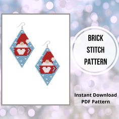 a pair of cross stitch earrings with the words brick stitch pattern on it and an image of