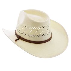 Soft touch construction; 100% shantung straw; 4 1/4" vented crown; 3 1/2" flared brim; Leather hat band; Adjustable chin cord; Cotton sweatband, unlined White Adjustable Sun Hat, Adjustable Fit Flat Brim Straw Hat For Country Events, Adjustable Flat Brim Straw Hat For Country Events, Adjustable Brimmed Straw Hat For Country Events, Classic Adjustable Sun Hat With Single Vent, Adjustable Classic Sun Hat With Single Vent, Adjustable Wide Brim Straw Hat For Country Events, Adjustable Fedora For Rodeo With Single Vent, Adjustable Curved Brim Straw Hat For Rodeo