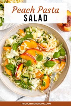 this peach pasta salad is loaded with fresh basil and sliced peaches it's ready to be eaten