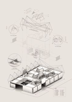 an architectural drawing of a building with several sections labeled in blueprints and diagrams