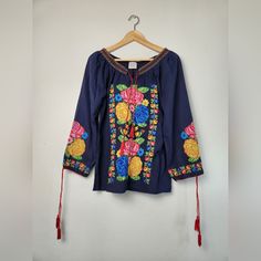 Nwot Women's Medium Blouse Blue Folk Style Blouse For Spring, Spring Folk Style Blue Blouse, Multicolor Folk Top For Fall, Blue Folk Top For Spring, Multicolor Long Sleeve Peasant Blouse, Blue Folk Style Top For Spring, Blue Folk Style Summer Tops, Folk Style Blue Summer Tops, Folk Style Long Sleeve Tops For Spring