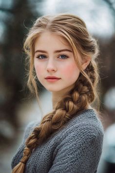 Young woman with long braided hair and a knitted sweater standing outdoors on a cloudy day. German Braids Hairstyles, Simple Back To School Hairstyles, German Hairstyle, Very Curly Hair, Intricate Braids