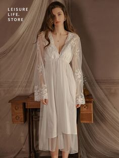 white Silky Satin Nightwear Lace Suspender Nightdress Embroidered Mesh Robe Mesh Robe, Satin Nightwear, Mesh Embroidery, White Elegance, White Satin, Sophisticated Style, Satin Fabric, Night Dress, Nightwear