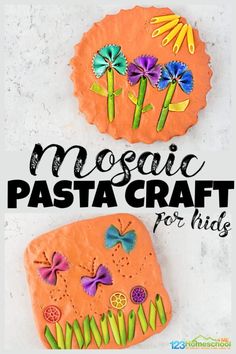 two decorated cookies with the words mosaic pasta craft for kids on top of it and below