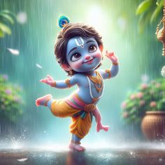 an animated image of a little boy dancing in the rain with his hands up and eyes closed