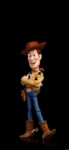 a cartoon character with a cowboy hat and boots, holding a toy in his hands