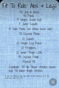 the fit to ride abs and legs workout plan is shown in blue linen with black lettering