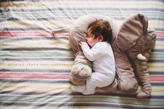 a baby sleeping on an elephant shaped pillow