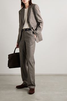 Veronica de Piante's collections encompass modern, versatile tailoring that feels luxurious. Made from Italian wool and cashmere-blend, these wide-leg 'Riley' pants are patterned with classic herringbone and pinstripes. Wear yours with a fine knit and the matching blazer. Herringbone Pants Outfit, Wool Pantsuit For Business In Fall, Wool Suits With Straight Pants For Work, Elegant Formal Bottoms With Herringbone Pattern, Elegant Wool Pants With Herringbone Pattern, Tailored Herringbone Pattern Pants For Business Casual, Fitted Herringbone Pants For Workwear, Elegant Herringbone Pattern Pants For Fall, Elegant Herringbone Pants For Fall