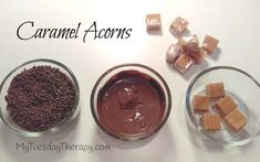 three bowls filled with chocolate and marshmallows next to caramel acorns