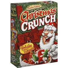 a box of christmas crunch cereal with santa clause