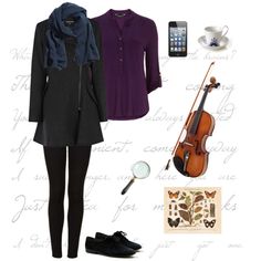 a woman wearing black and purple is standing next to a violin, coffee cup, cell phone