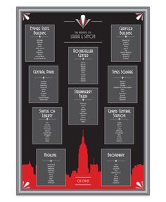 an event poster with the names and dates for various events in red, white and black