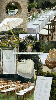 a collage of photos with chairs, tables and umbrellas