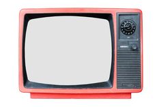 an old red television set with no signal on it's display stand, isolated against a white background