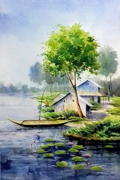 a painting of a house on an island with water lillies and a boat in the foreground