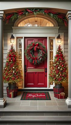 a red front door decorated for christmas with wreaths and decorations on the porch, surrounded by potted trees