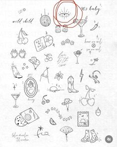 a drawing of various items and symbols on paper