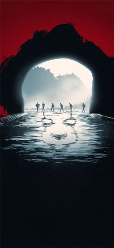 silhouettes of people walking through a tunnel in the water with red and black background