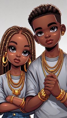 A close-up cartoon-style image featuring an African girl and boy with cornrows. Both are adorned with gold jewelry, including thick gold chains and bracelets. They are wearing baggy t-shirts with a solid Grey background. Jessica George, Profile Picture For Boys, Fb Pfp, New Animation Movies, African Couple, Hood Wallpapers, King Pic, Relatable Comics