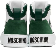 High-top buffed calfskin, grained calfskin, and calfskin suede sneakers in white and green. · Perforated detailing throughout · Lace-up closure · Logo patch at padded tongue · Padded collar · Logo flag at outer side · Pull-loop at heel tab · Rubberized logo patch at heel · Treaded rubber platform sole · Platform: H1.75 Supplier color: White/Green Green Sneakers With Contrast Sole In Calf Leather, Green Calf Leather Sneakers With Contrast Sole, Green Calf Leather Sneakers With Rubber Sole, Green Leather Sneakers With Embossed Logo, Green Calf Leather Sneakers With Round Toe, Green Casual Calf Leather Sneakers, Suede Sneakers, Sneakers White, White Green