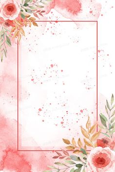 pink watercolor flowers and greenery with a square frame in the middle on a white background