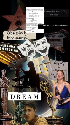 the collage has many different pictures and words on it, including an award for best actress