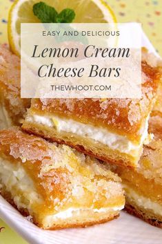 lemon cream cheese bars stacked on top of each other with the words easy and delicious