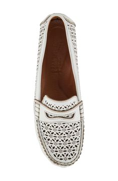 Laser-cut detailing and a classic penny keeper lend visual intrigue to a rich leather loafer fitted with optimal cushioning and set on a sturdy driving sole. Removable, cushioned insole with arch support Leather upper and lining/synthetic sole Made in Turkey White Slip-on Loafers With Perforated Toe Box, White Leather Flats With Perforated Toe Box, White Slip-on Loafers With Leather Footbed, White Leather Slip-on Loafers, White Calf Leather Loafers For Spring, Leather Loafers With Perforated Almond Toe, White Loafers With Perforated Toe Box, Loafer Women, Penny Loafer