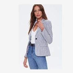 Forever 21 Pinstriped Single-Breasted Blazer Navy And White Size Large New With Tags Striped Button-up Blazer For Work, Casual Striped Blazer For Work, Spring Striped Blazer For Business Casual, Trendy Striped Fitted Outerwear, Striped Casual Blazer For Business Casual, Spring Striped Button-up Blazer, Spring Striped Outerwear For Work, Trendy Striped Blazer For Spring, Striped Blazer For Spring Workwear