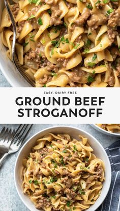 ground beef stroganonoff in a skillet with the title above it