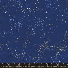 the sky is filled with lots of stars and small white dots on blue background, as well as gold speckles