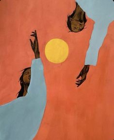 an abstract painting of two people reaching for the sun