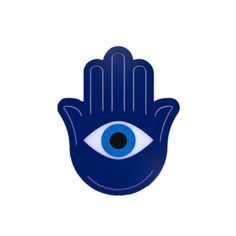 a blue hamsa with an evil eye on the front and bottom half of it