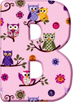 the letter b is decorated with owls and flowers