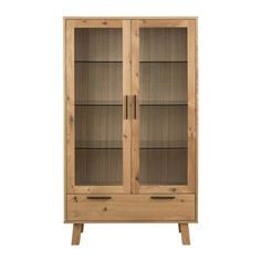 a wooden cabinet with glass doors on the front and bottom shelves, against a white background