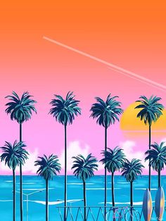 there are palm trees on the beach at sunset