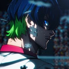 an anime character with green hair and blue eyes looking at something in front of him