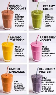 four different types of smoothies in cups with straws on top and the names below them