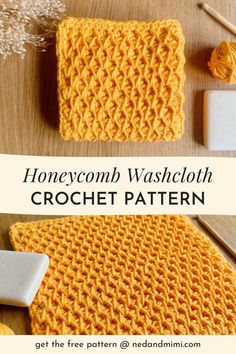 the crochet dishcloth pattern is shown with text that reads, honeycomb washcloth crochet pattern get the free pattern