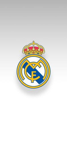 the real madrid logo is shown in blue and yellow, with a crown on top