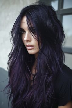 A long layered hairstyle in a dark midnight purple shade is perfect for adding dimension and a dramatic flair. The deep purple color enhances the layers, creating a luxurious and captivating look. Fav Hairstyles, Dark Purple Hair, Long Dark Hair, Hair Color Purple, Hair Haircuts